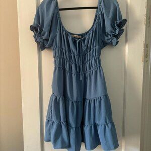 Women's Blue Puff Sleeved Layered Flattering Mini Sundress Dress